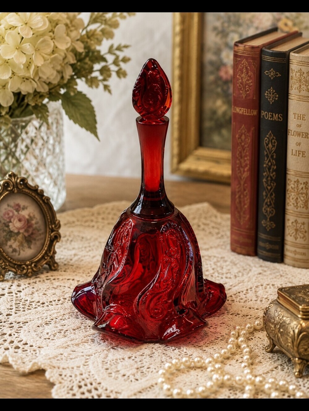 Fenton Ruby Red Vintage Paisley Art Glass Bell Collectible Decor